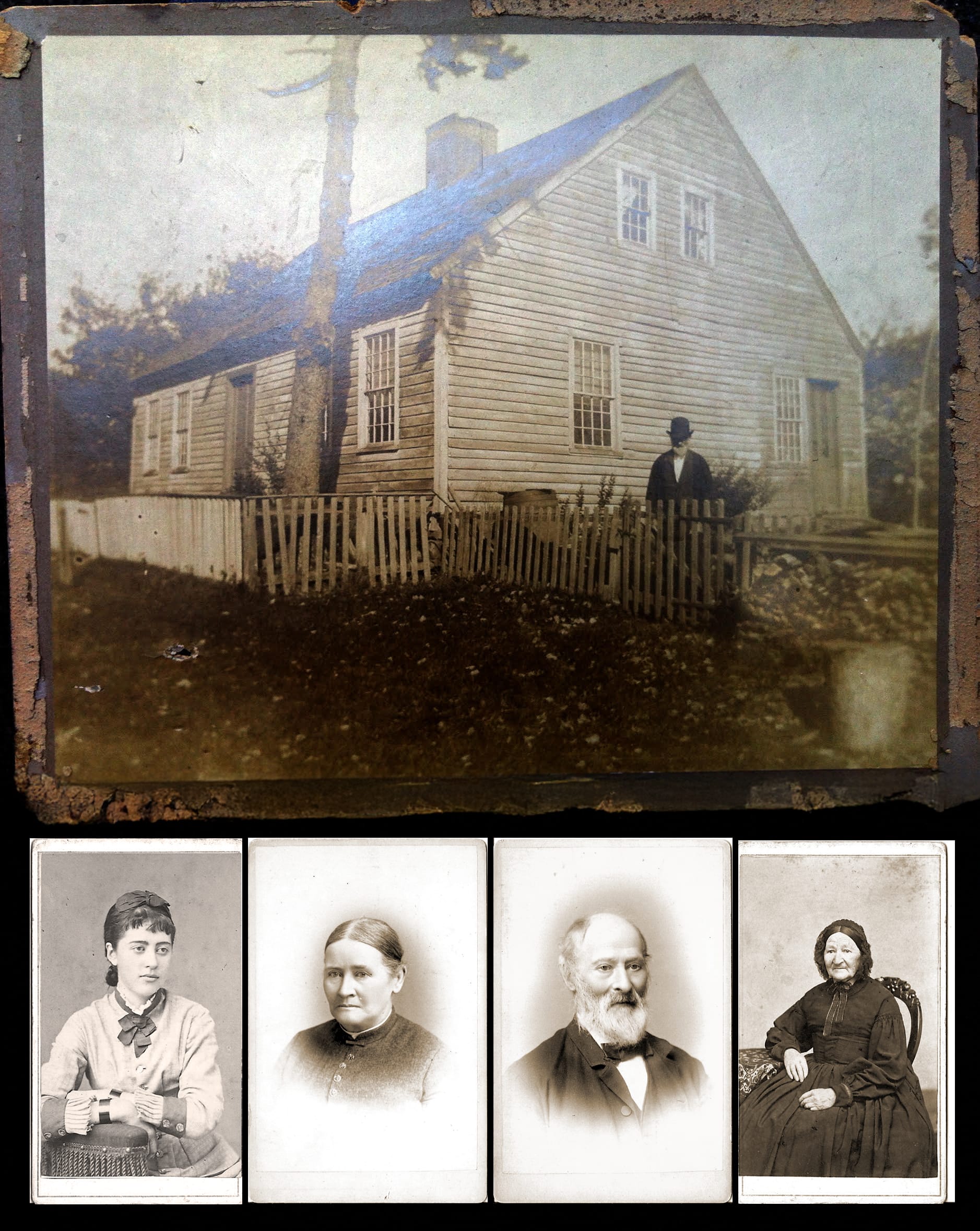 James Cowell in the yard of his house on Beecher Road and with family members