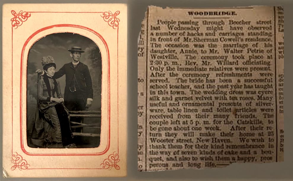 Walter and Anna Petrie and wedding news clipping