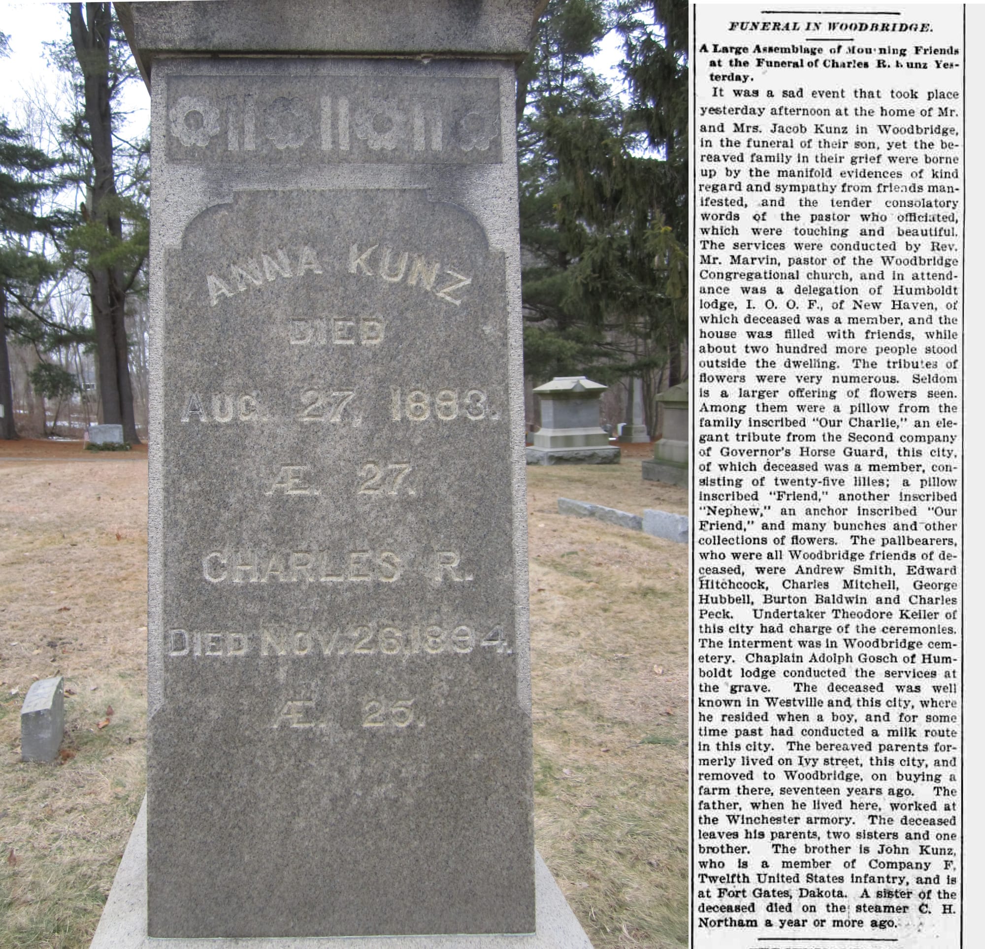 Kunz family gravestone and Charles Kunz obit.