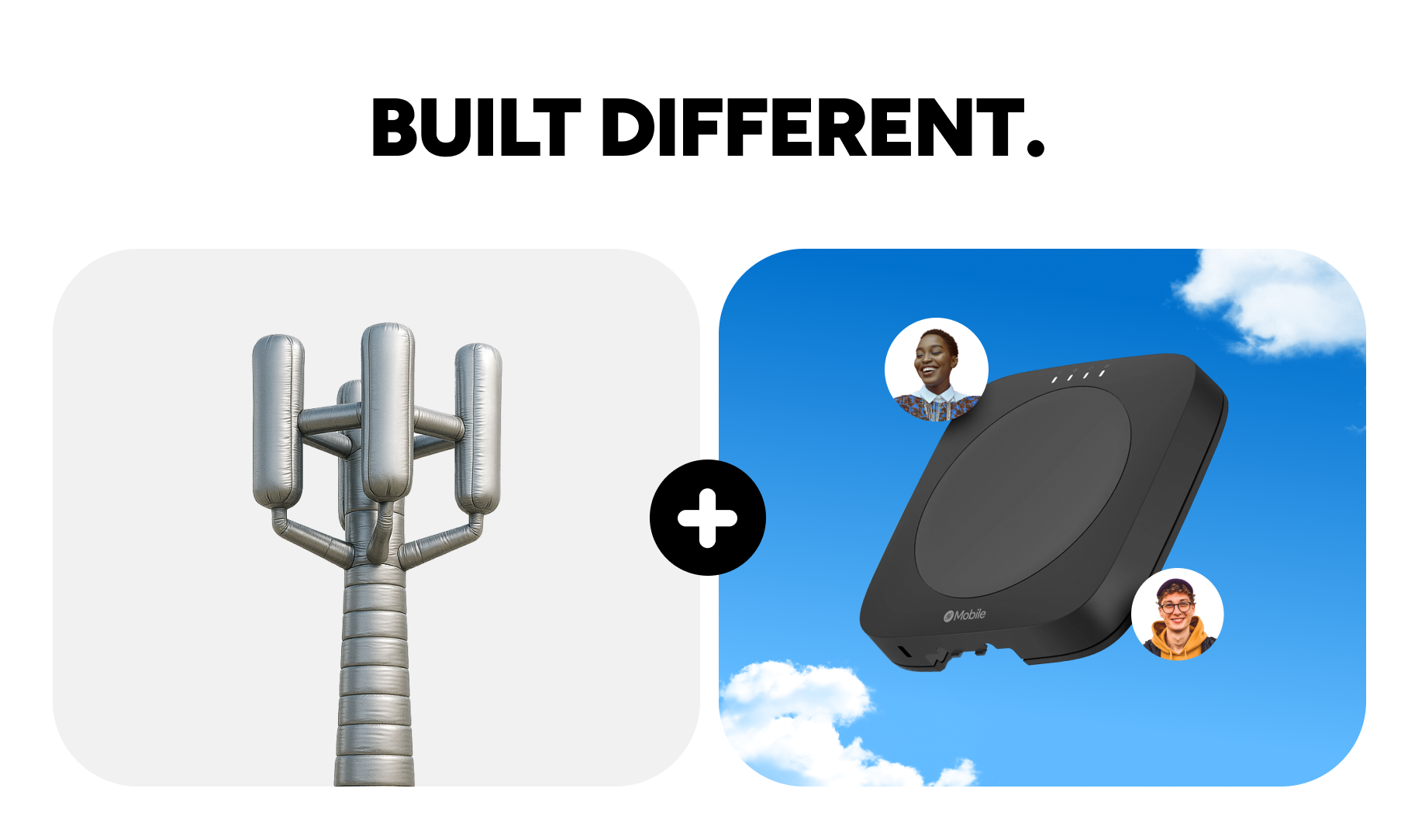 Built different. Image of cellular tower and Helium Mobile Hotspot.