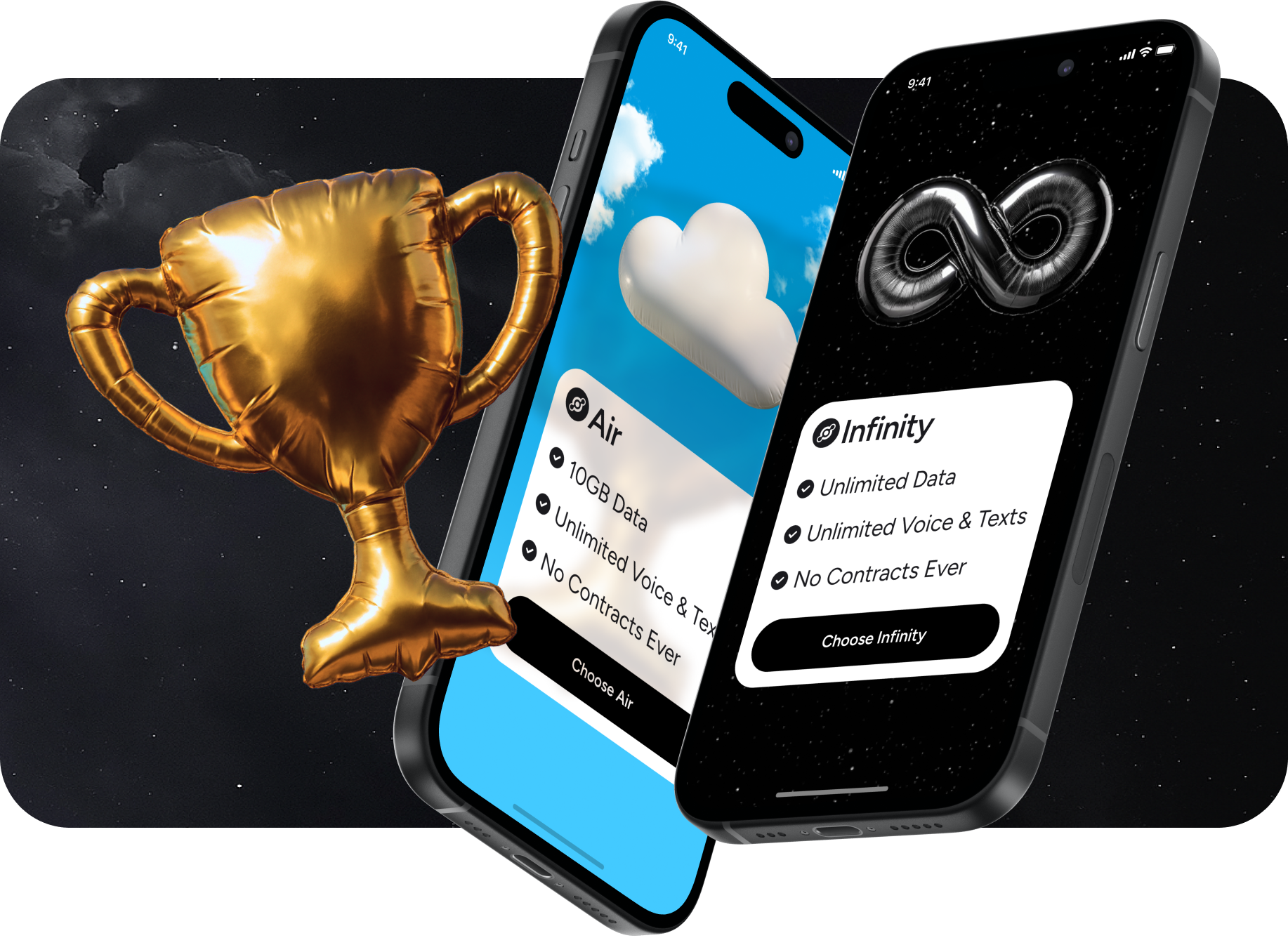 Air: 10GB Data, Unlimited Voice & Texts, No Contracts Ever. Infinity: Unlimited Data, Unlimited Voice & Texts, No Contracts Ever. 