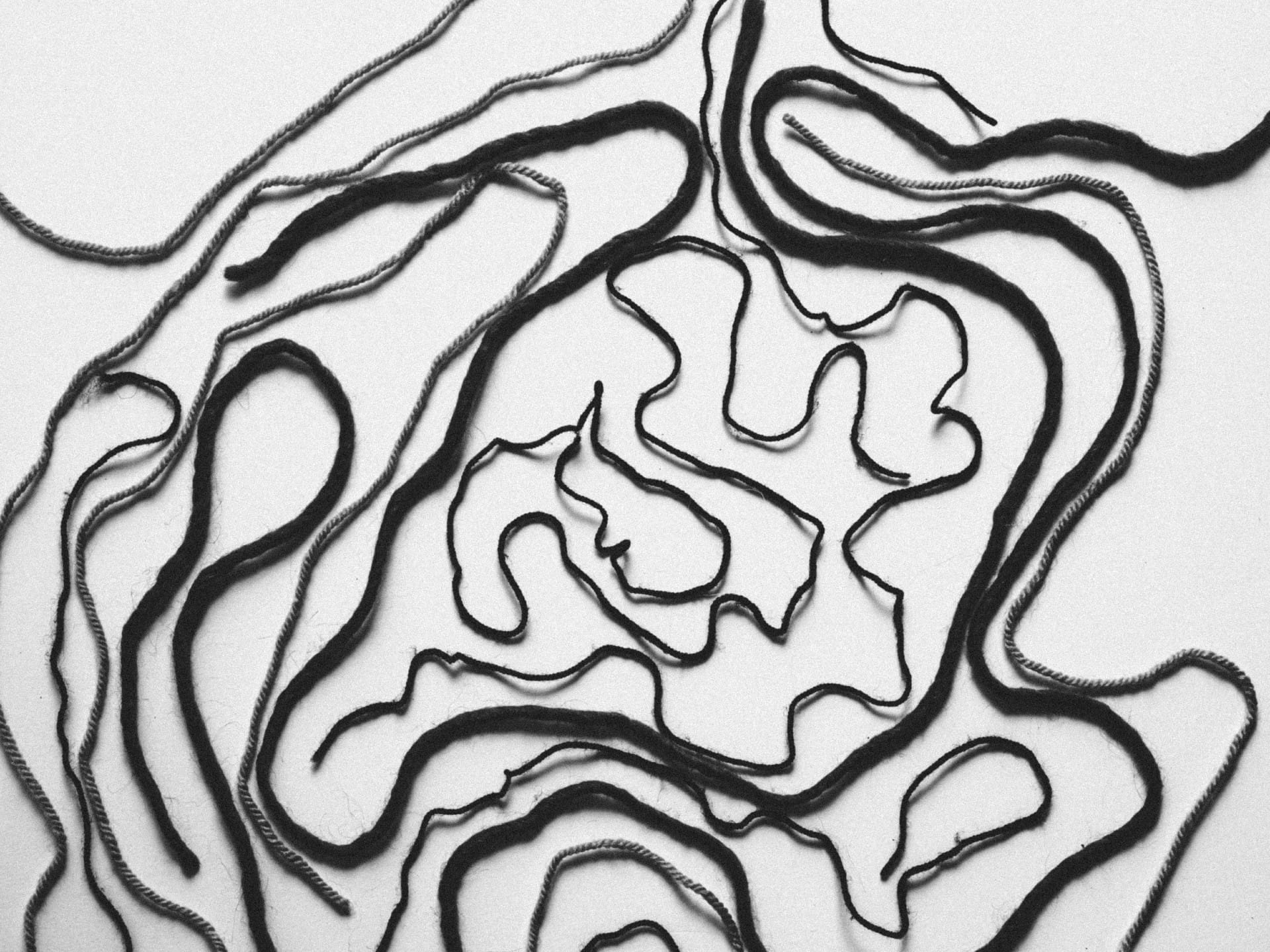 A black and white photo depicting a tangle of black yarns of differing thickness.