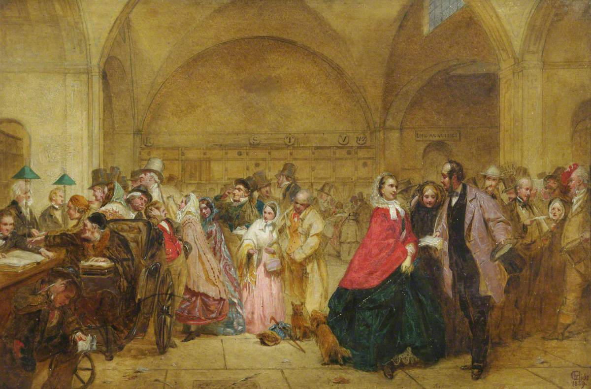 A victorian-era painting of customers at the Bank of England