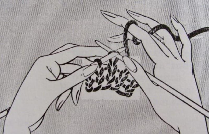 A black and white cartoon diagram of two hands knitting