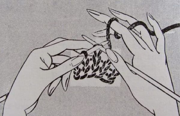A black and white cartoon diagram of two hands knitting
