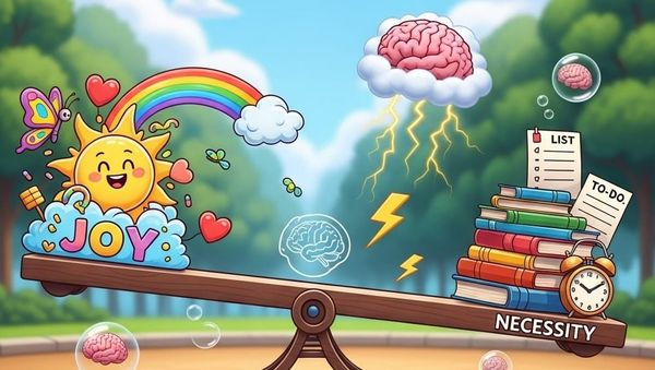 A generated image with joy on the left side of the teeter totter, and necessity on the right. Brains are floating in bubbles around the bright, playful, wooded area. 