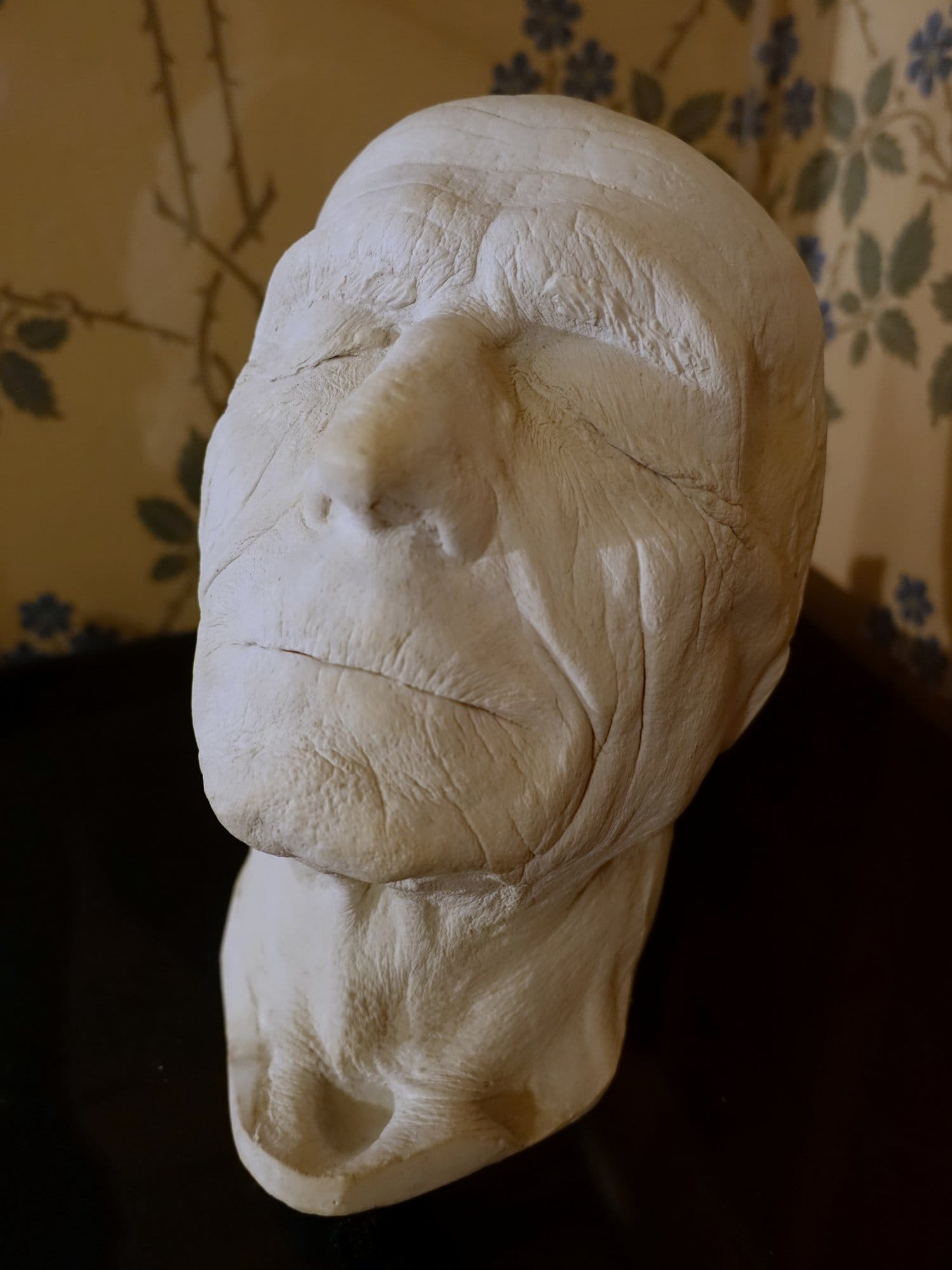 A white plaster cast of an older man's face, eyes closed and cheeks sunken, propped against a wall with flowered wallpaper.