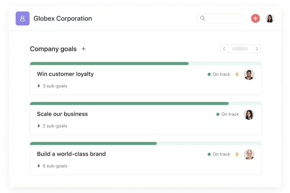 Asana company goals product UI for project management