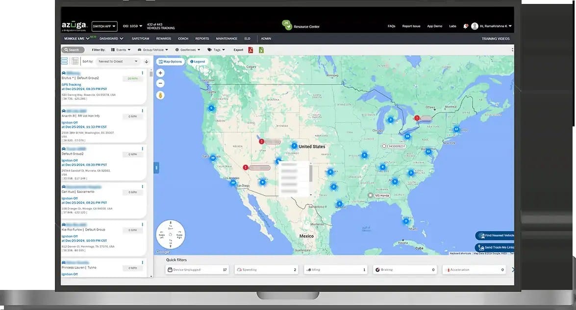 Azuga GPS fleet tracking dashboard with live map, vehicle list, and safety filters