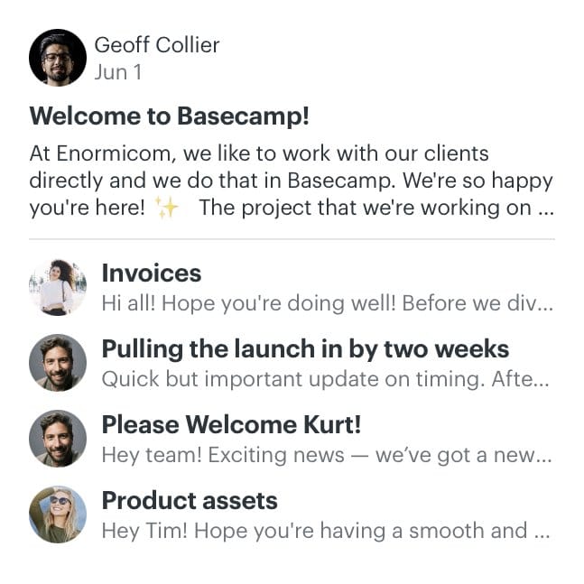 Basecamp message board product UI for project collaboration