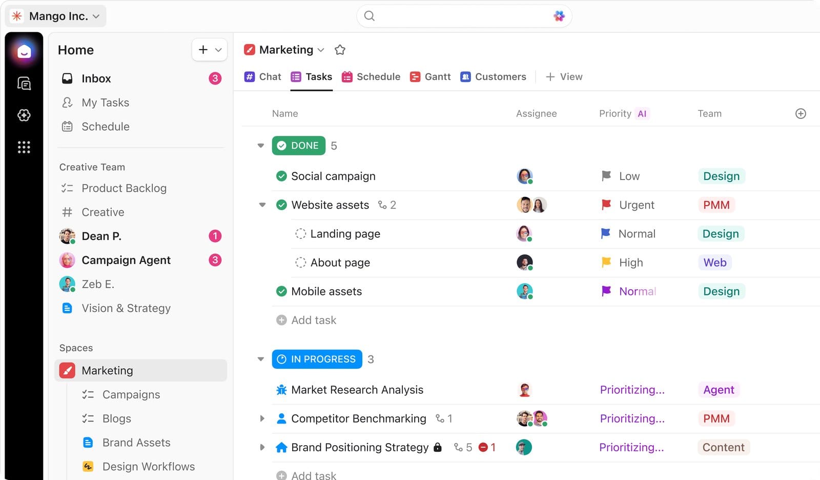 ClickUp tasks workspace product UI with Done and In Progress lists