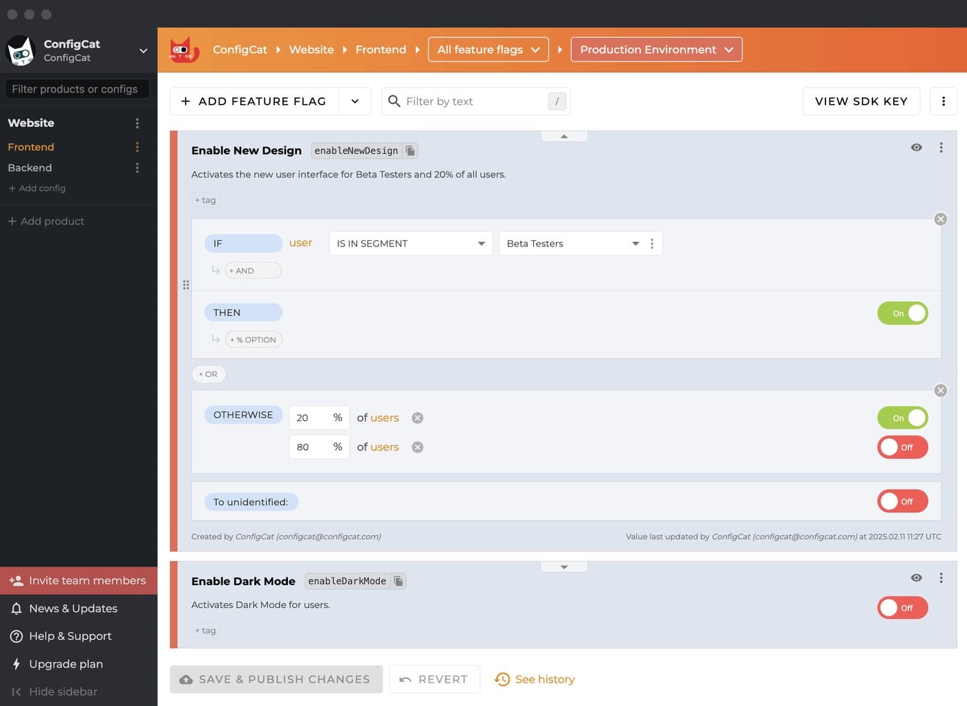 ConfigCat feature flag dashboard with targeting rules and percentage rollouts