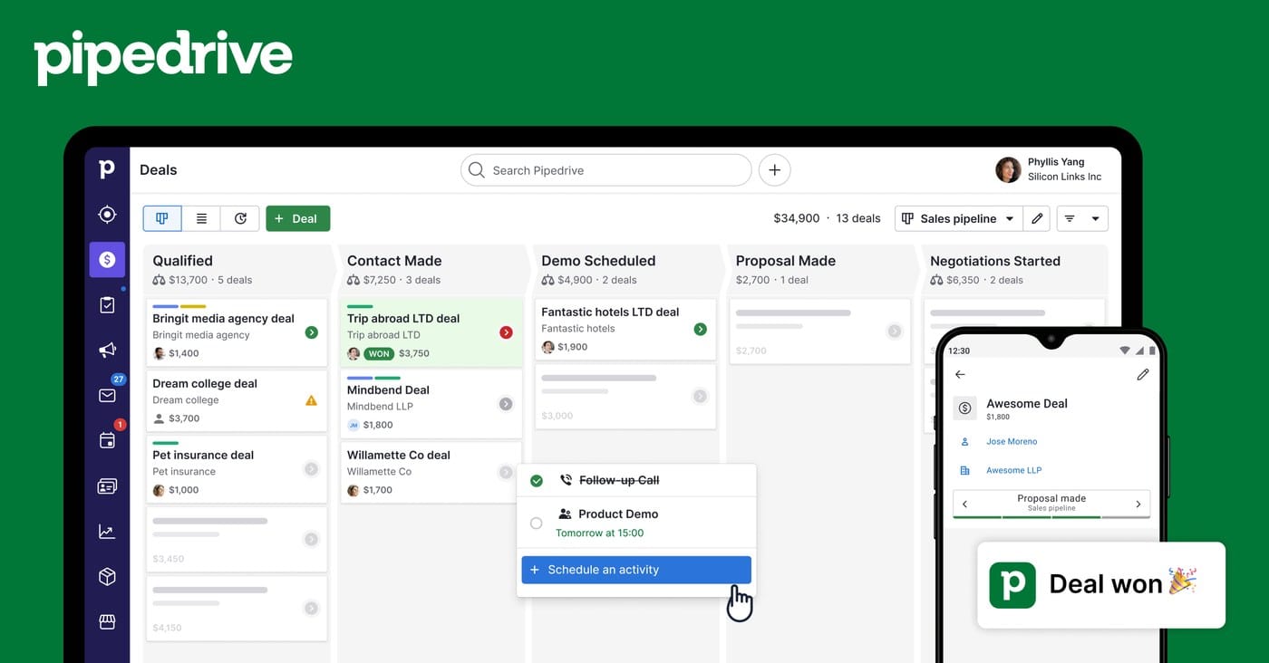 Pipedrive pipeline board and CRM product view