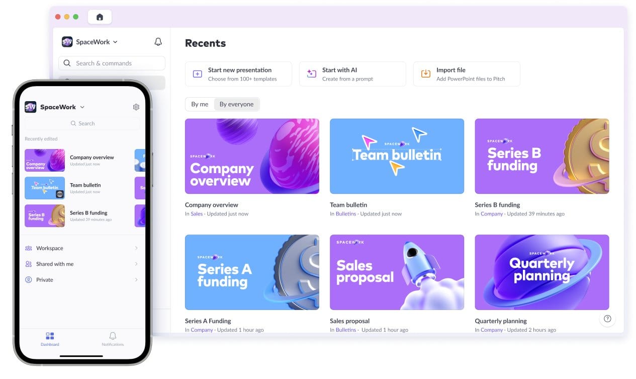 Pitch presentation workspace product UI with recent decks