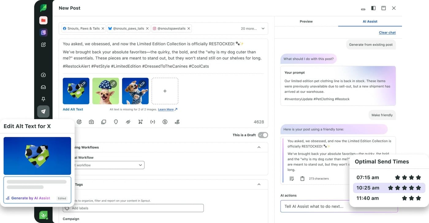 Sprout Social publishing and AI collaboration product UI
