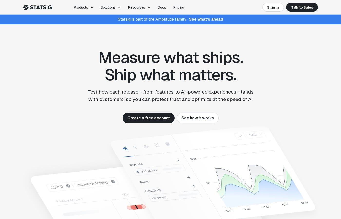 Statsig product homepage showing feature management and experimentation positioning