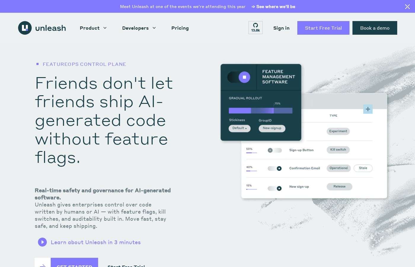 Unleash feature management UI with gradual rollout and flag list controls