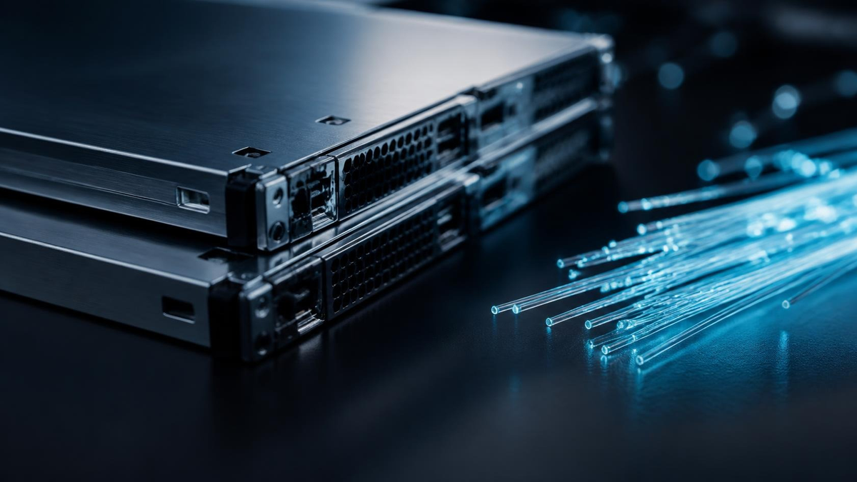 Brushed aluminum server blades with cyan fiber-optic glow on graphite. Hire AI Infrastructure Engineers