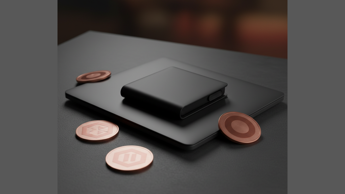 Hardware wallet and crypto tokens still life. Hire Blockchain Developers