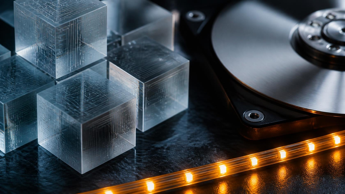 Frosted acrylic data cubes and hard-drive platter on dark slate. Hire Data Engineers