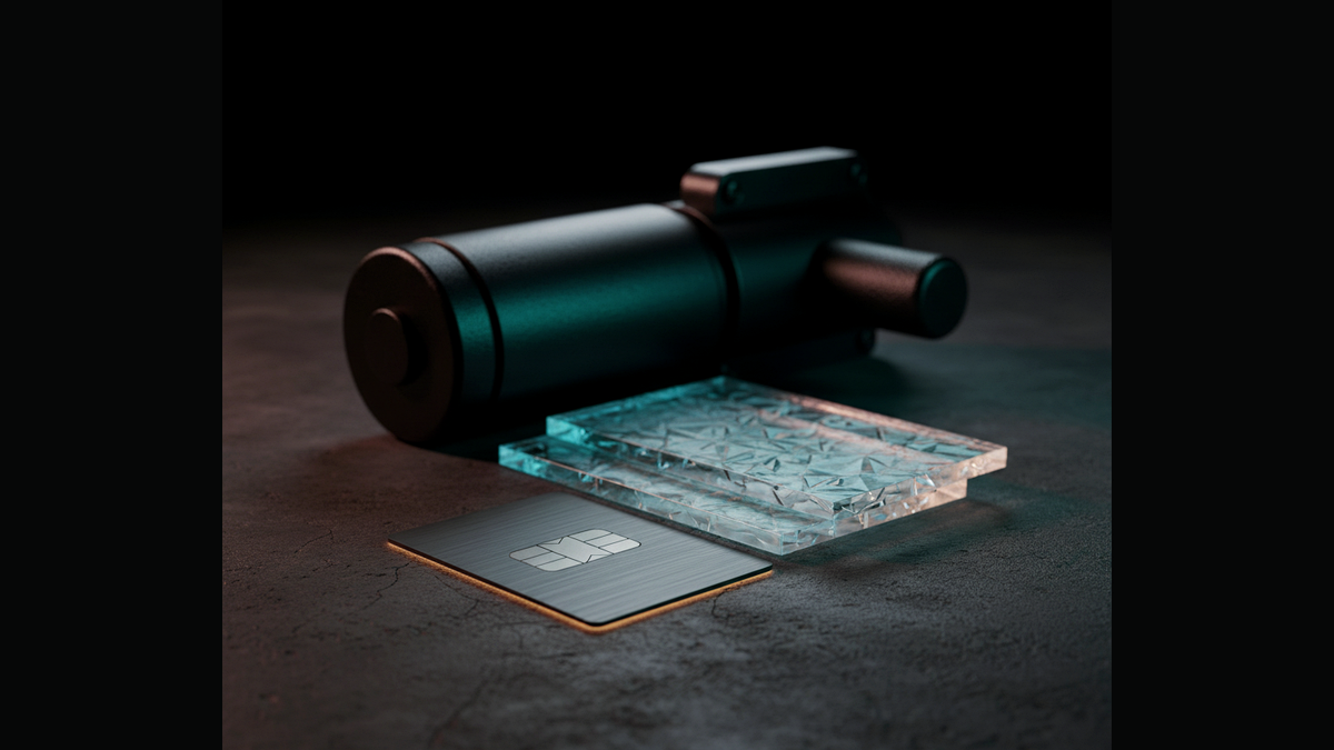 Matte black card with EMV chip beside frosted ledger slabs and vault cylinder. Hire Fintech Engineers