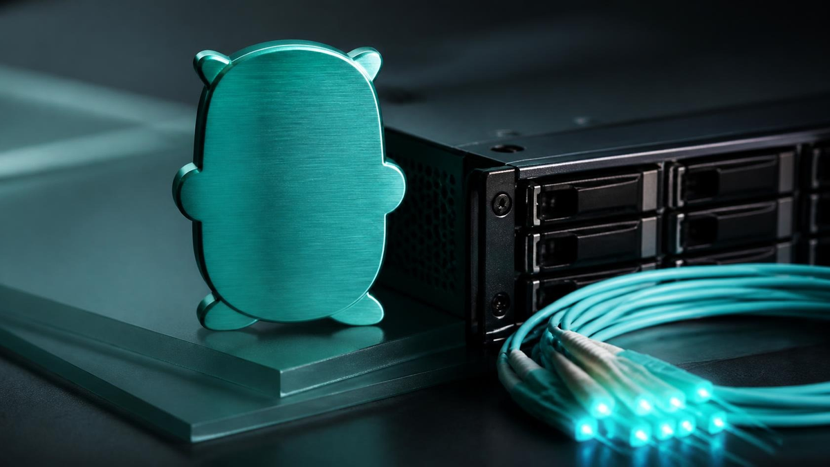 Teal anodized metal form and fiber optic cable on frosted charcoal glass. Hire Go Developers