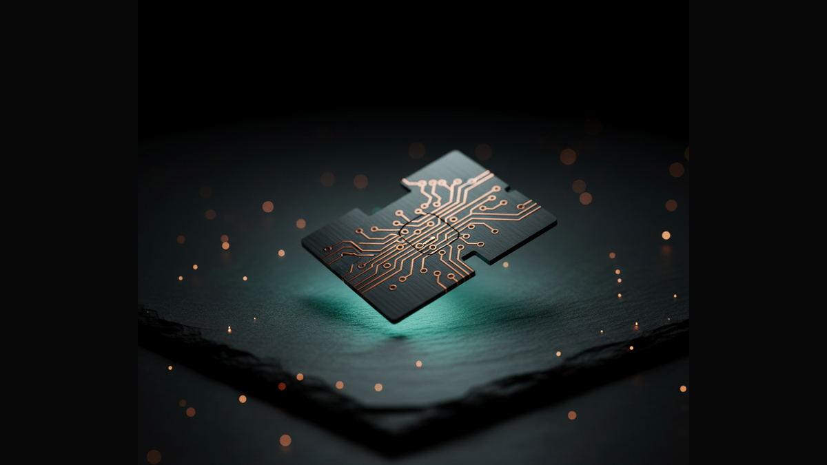 Brushed metal payment chip still life with copper traces. Hire Payments Engineers