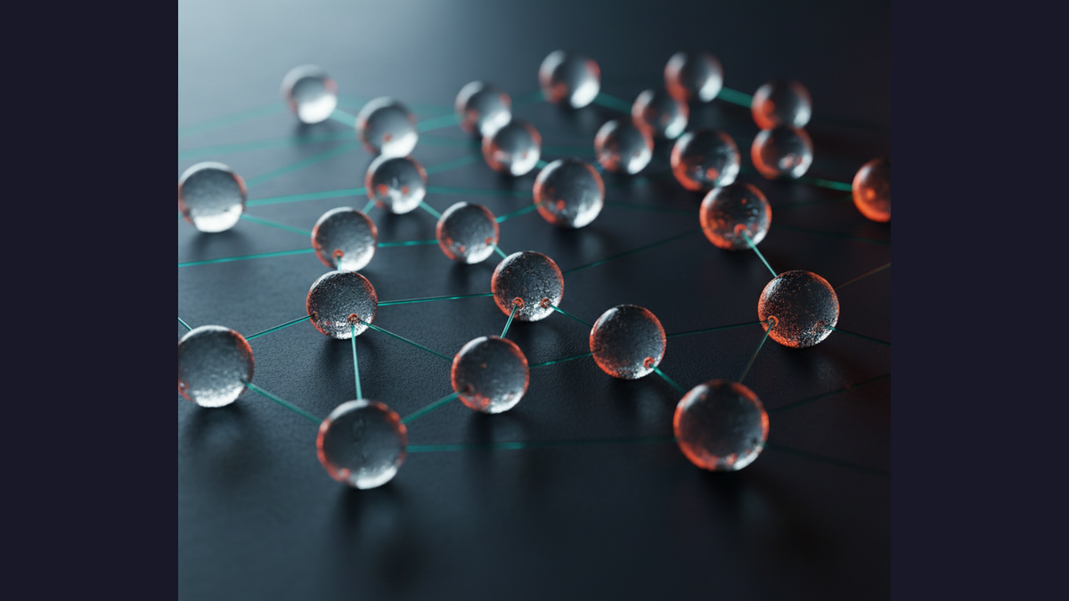 Frosted glass spheres connected by teal fiber strands. Hire Protocol Engineers