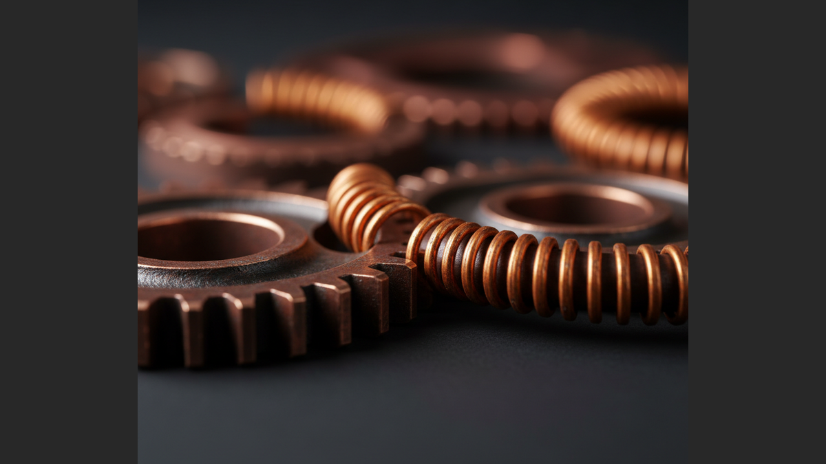 Oxidized copper gear teeth and orange-rust coils still life. Hire Rust Engineers