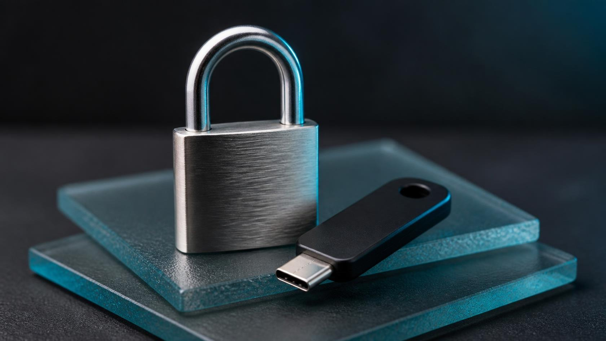 Brushed titanium padlock and security key on frosted charcoal glass. Hire Security Engineers