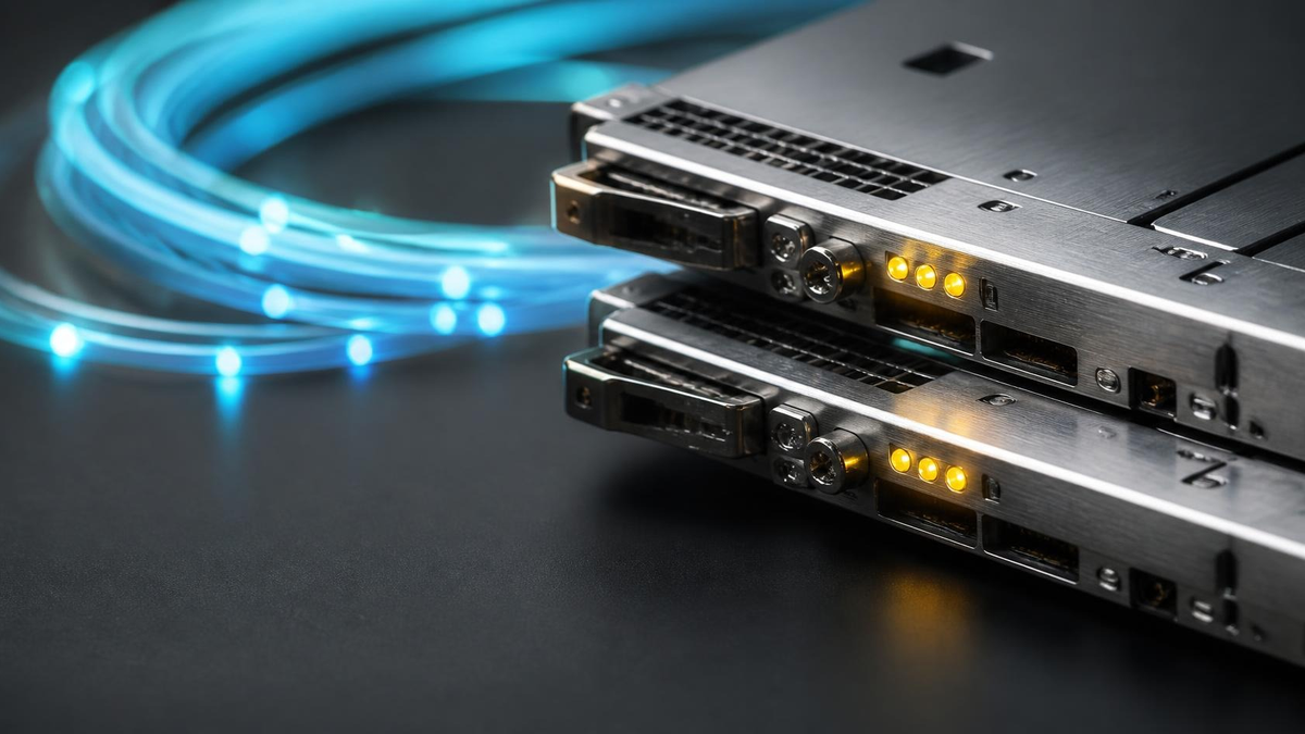 Brushed aluminum server blades with amber LEDs and cyan fiber. Hire Site Reliability Engineers
