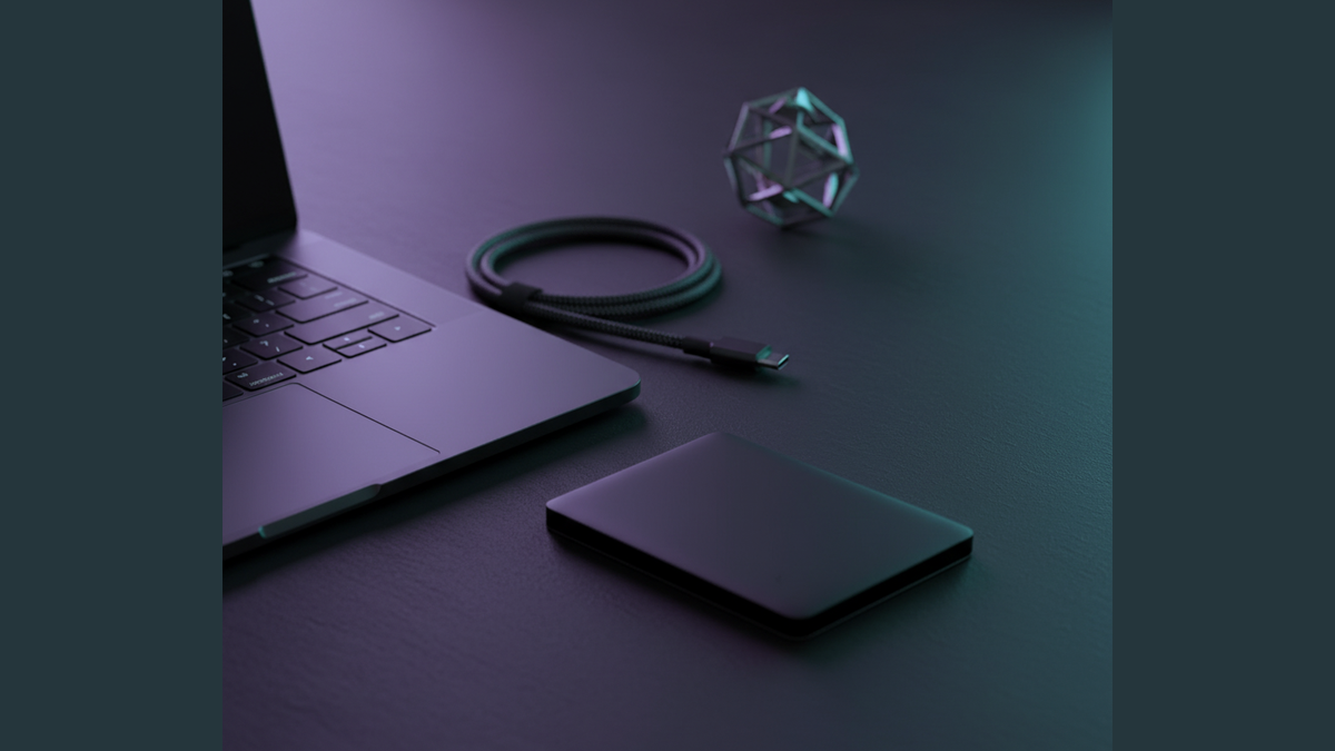 Purple and teal Solana-mood tech still life. Hire Solana Developers