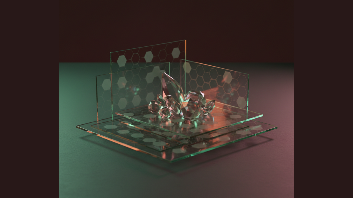 Translucent green glass hexagon panels with crystals. Hire Solidity Developers
