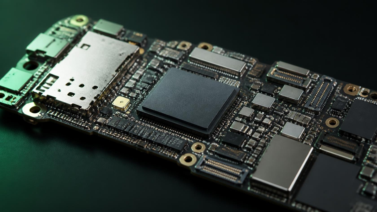 Macro of a bare smartphone logic board with a central processor chip in soft mint green light, no people. Hire Android Developers