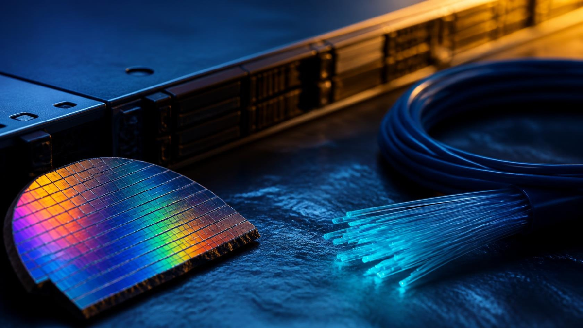 Iridescent silicon wafer fragment, cyan fiber, and matte black server blade on frosted slate. Hire CTO