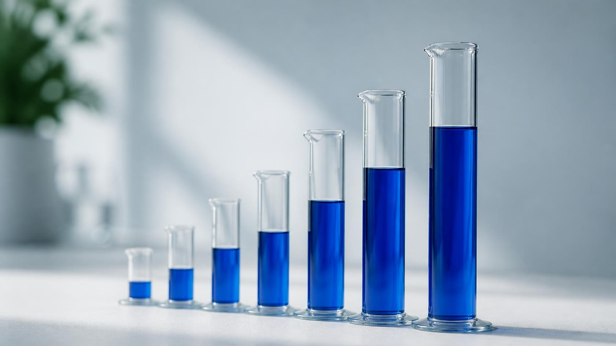 Row of glass cylinders filled with cobalt blue liquid at rising heights like a bar chart on a white surface, no people. Hire Data Analysts
