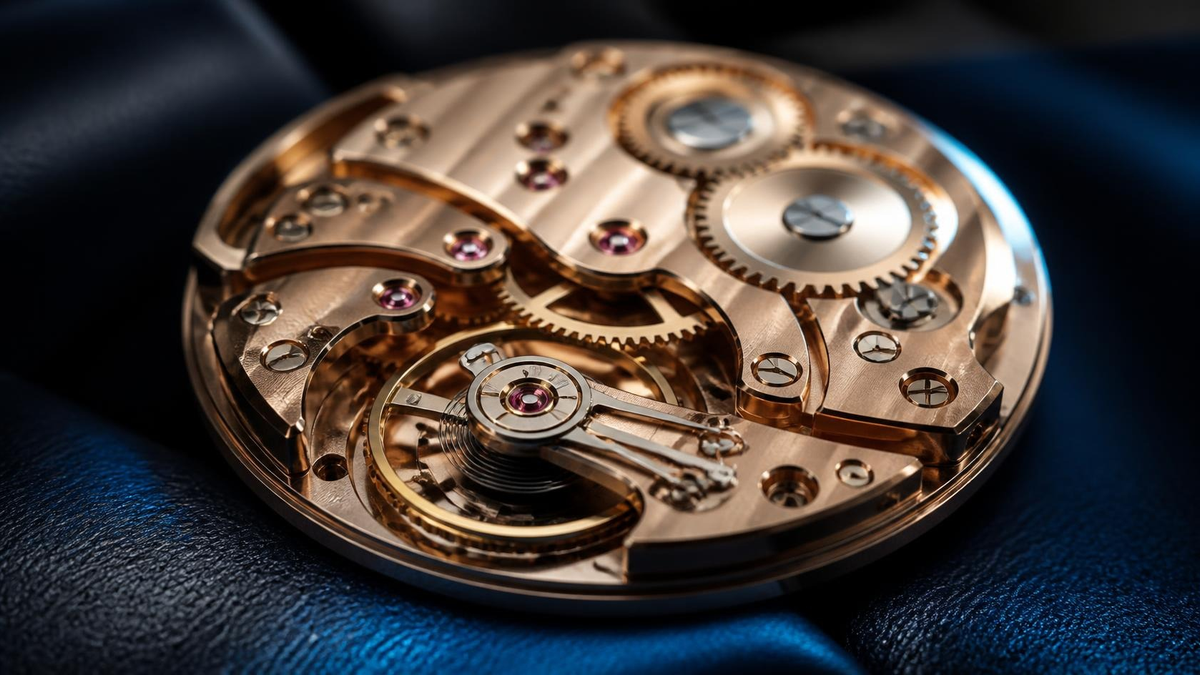 Exposed rose gold mechanical watch movement with ruby jewels on navy leather, no people. Hire Engineering Manager