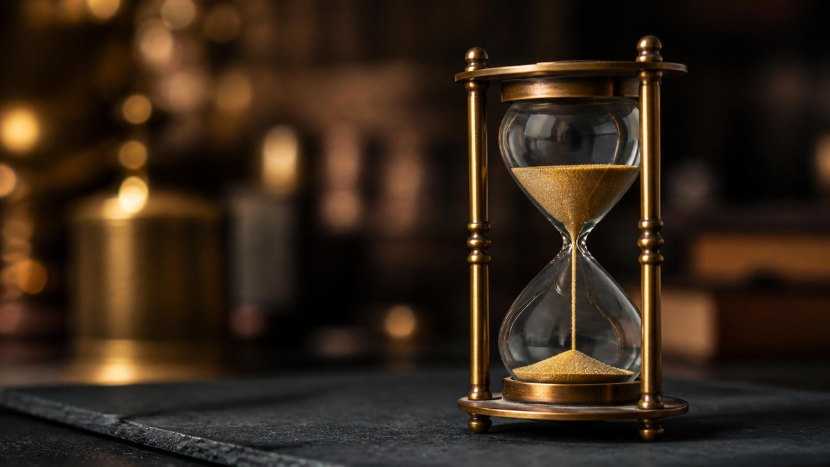 Antique brass and glass hourglass with golden sand on dark slate with amber bokeh, no people. Hire Fractional CFO