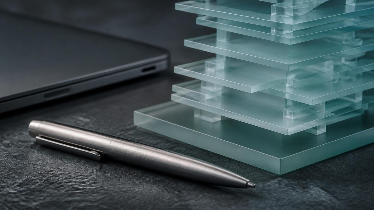 Brushed titanium pen and frosted glass architectural model on charcoal stone. Hire VP of Engineering