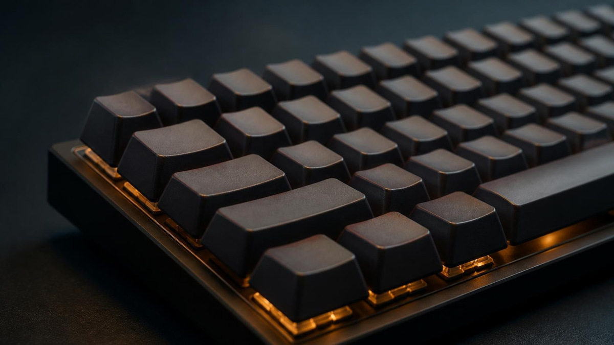 Low-profile mechanical keyboard with blank keycaps and warm amber underglow on dark graphite, no people. Hire Web Developers