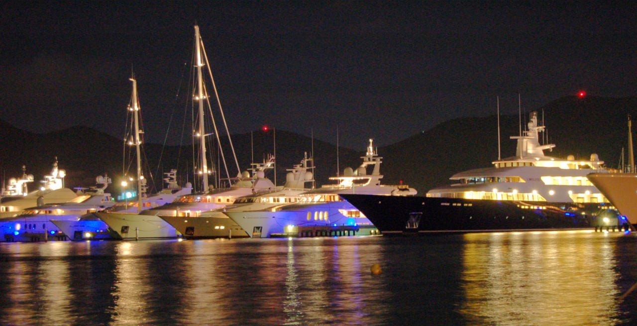 St maarten mega yachts at night