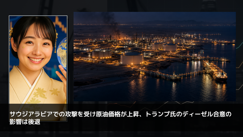 サウジアラビアでの攻撃を受け原油価格が上昇、トランプ氏のディーゼル合意の影響は後退
