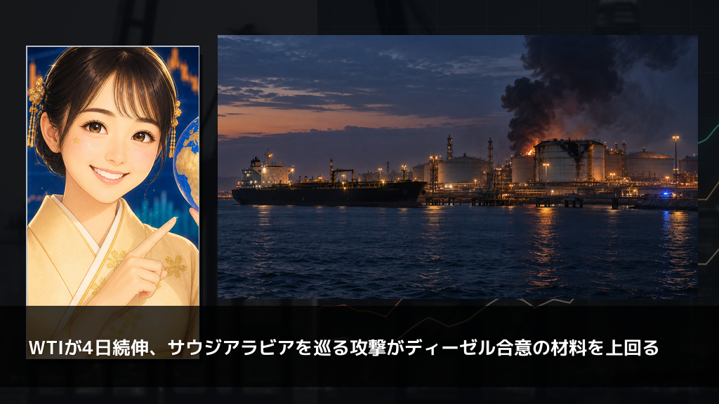 WTIが4日続伸、サウジアラビアを巡る攻撃がディーゼル合意の材料を上回る