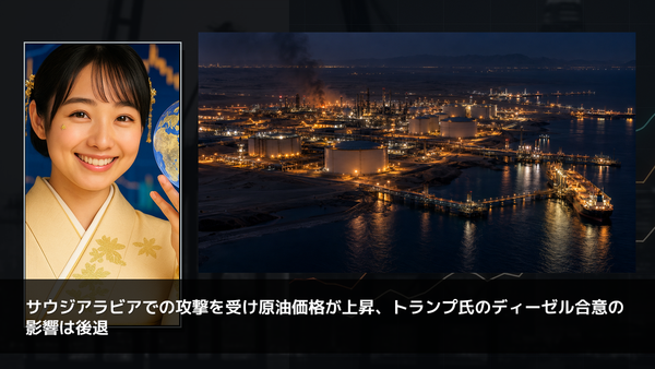 サウジアラビアでの攻撃を受け原油価格が上昇、トランプ氏のディーゼル合意の影響は後退
