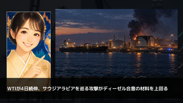 WTIが4日続伸、サウジアラビアを巡る攻撃がディーゼル合意の材料を上回る