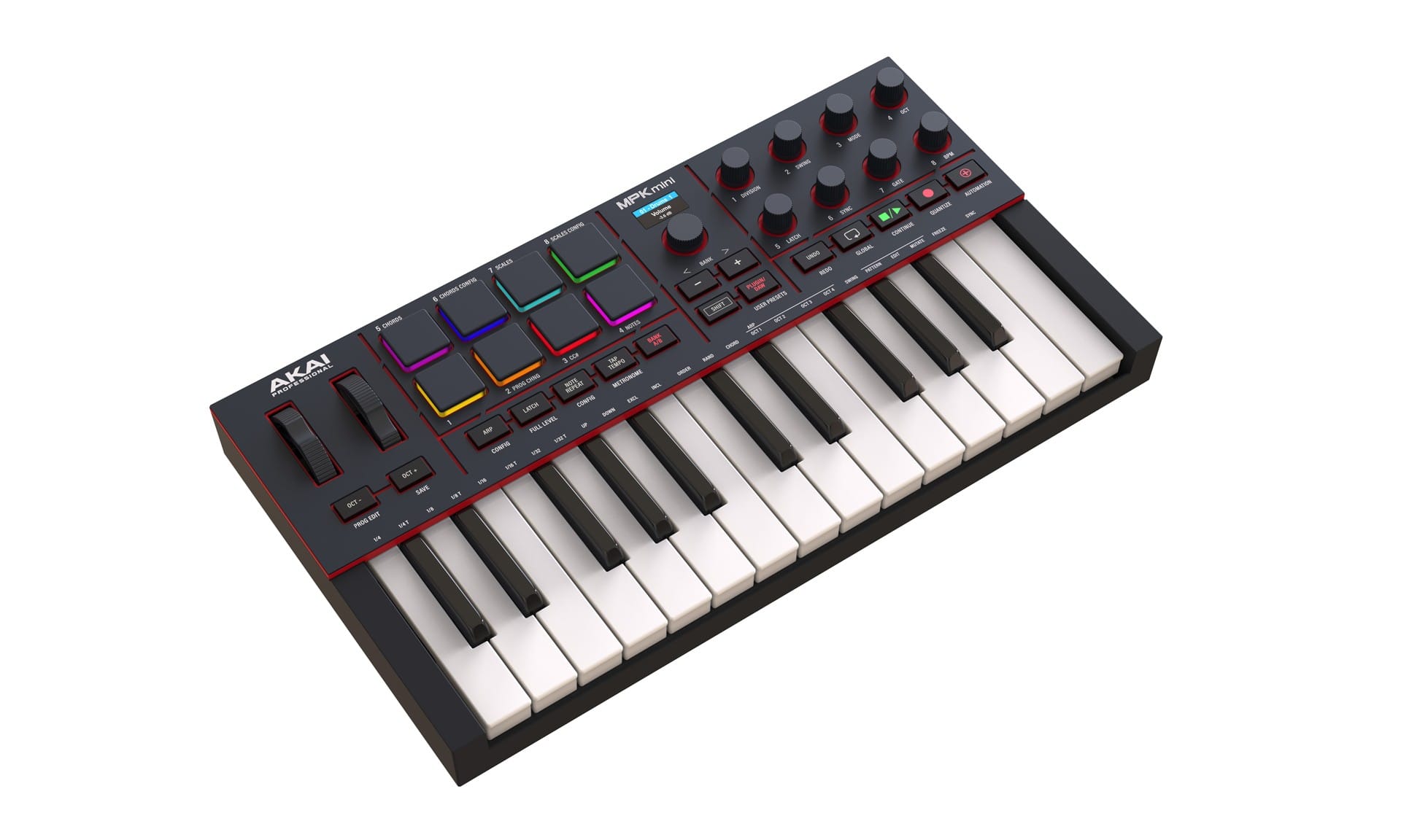 Akai MPK Mini IV 25-key compact MIDI controller next to a laptop