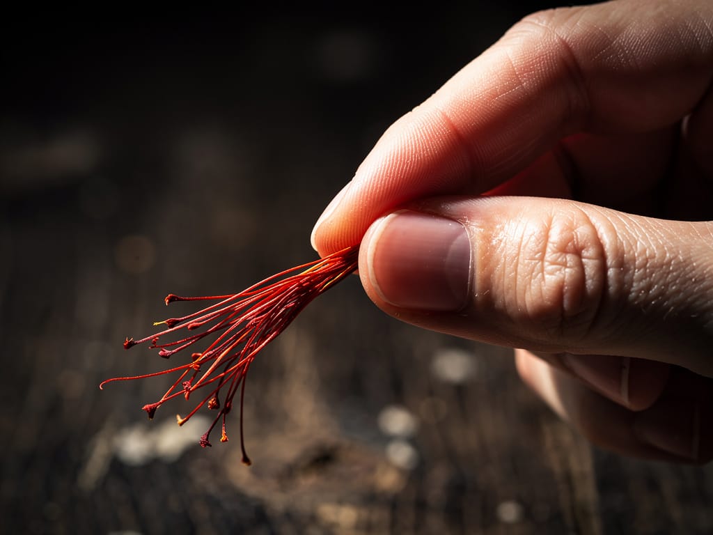 Close-up of high-quality saffron strands being held in a hand
