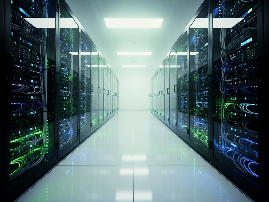 A modern data center with rows of glowing server racks.