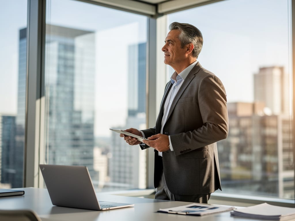 A part-time C-suite executive planning strategy in a modern office.