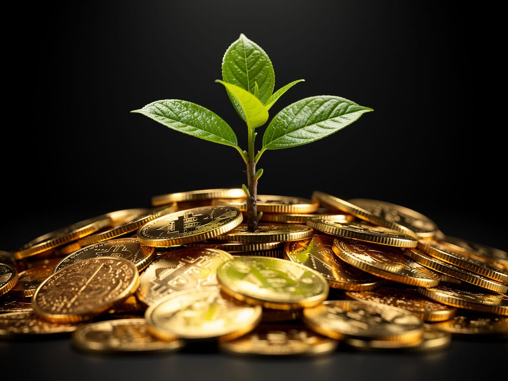 A small tree growing from a pile of coins, symbolizing steady and profitable growth
